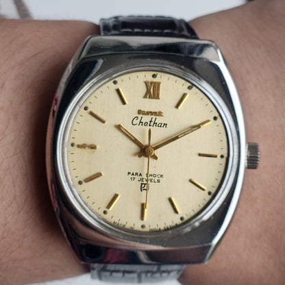 Vintage Original HMT Chethan Hand Winding 17 Jewels Golden Face Brown Leather Strap Men's Wrist Watch I25