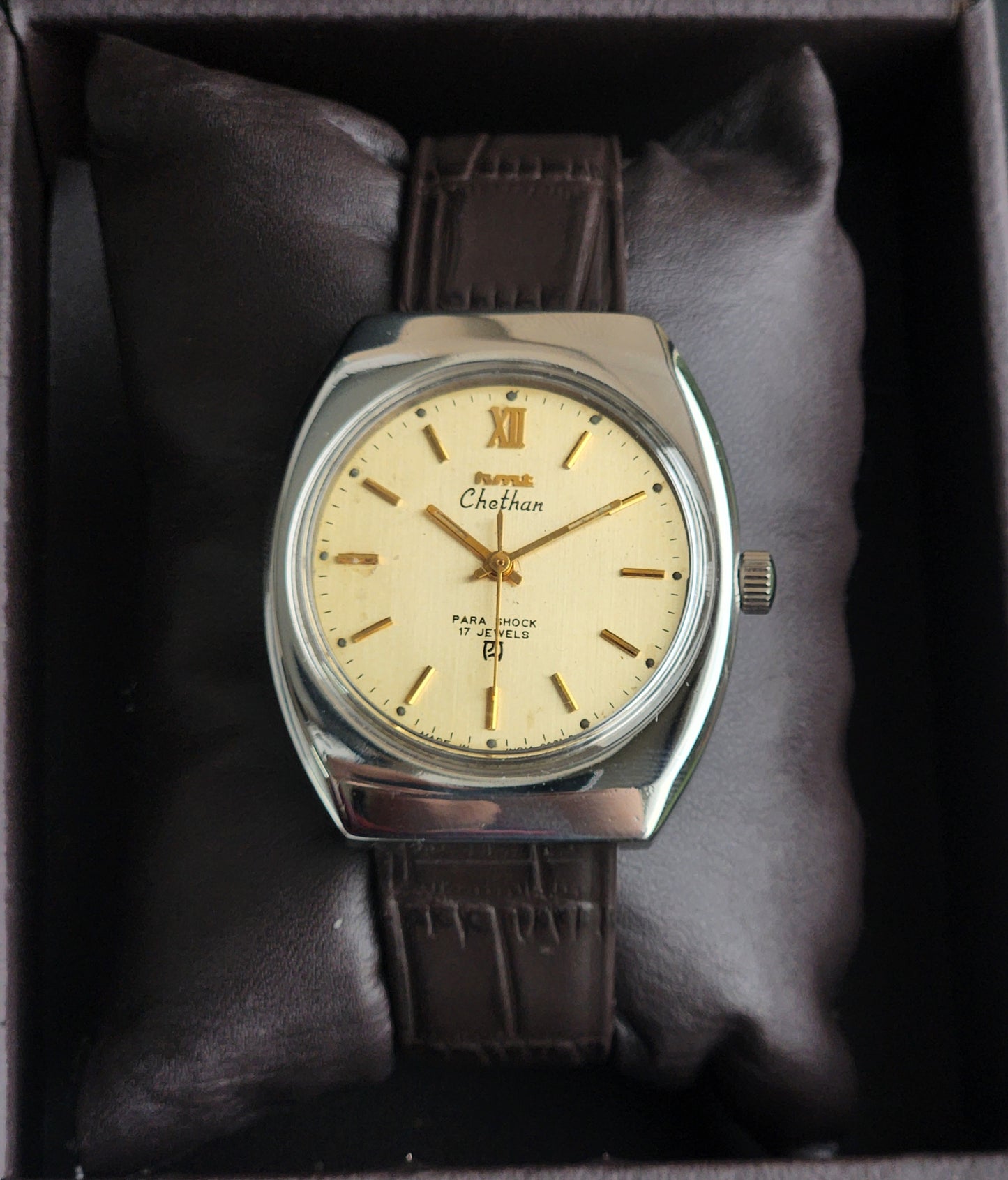 Vintage Original HMT Chethan Hand Winding 17 Jewels Golden Face Brown Leather Strap Men's Wrist Watch I25