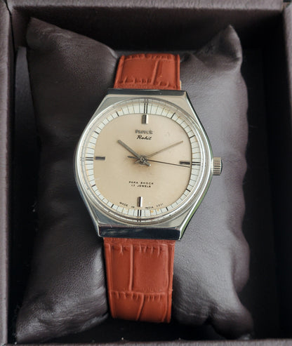 Vintage Original HMT Rohit Hand Winding 17 Jewels Off White Face Tan Leather Strap Men's Wrist Watch I27