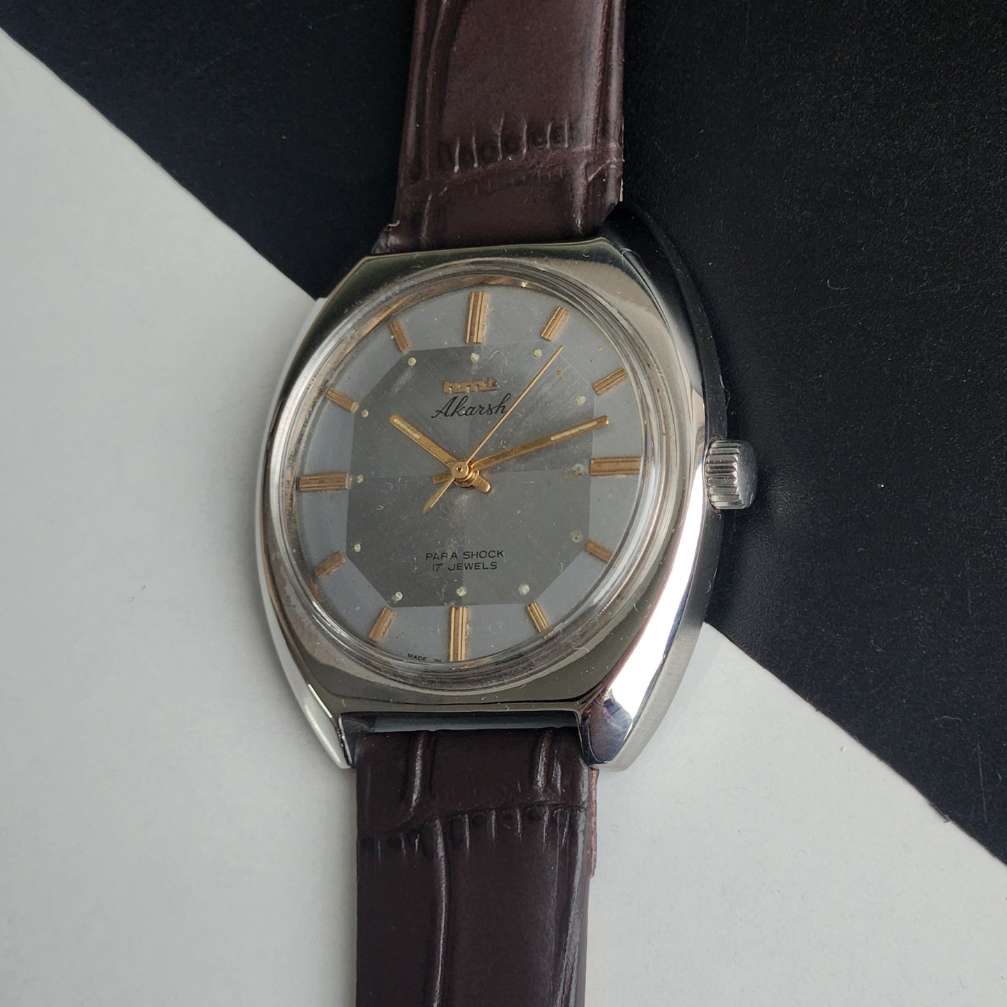 Vintage Original HMT Akarsh Hand Winding 17 Jewels Grey Face Black Leather Strap Men's Wrist Watch I28