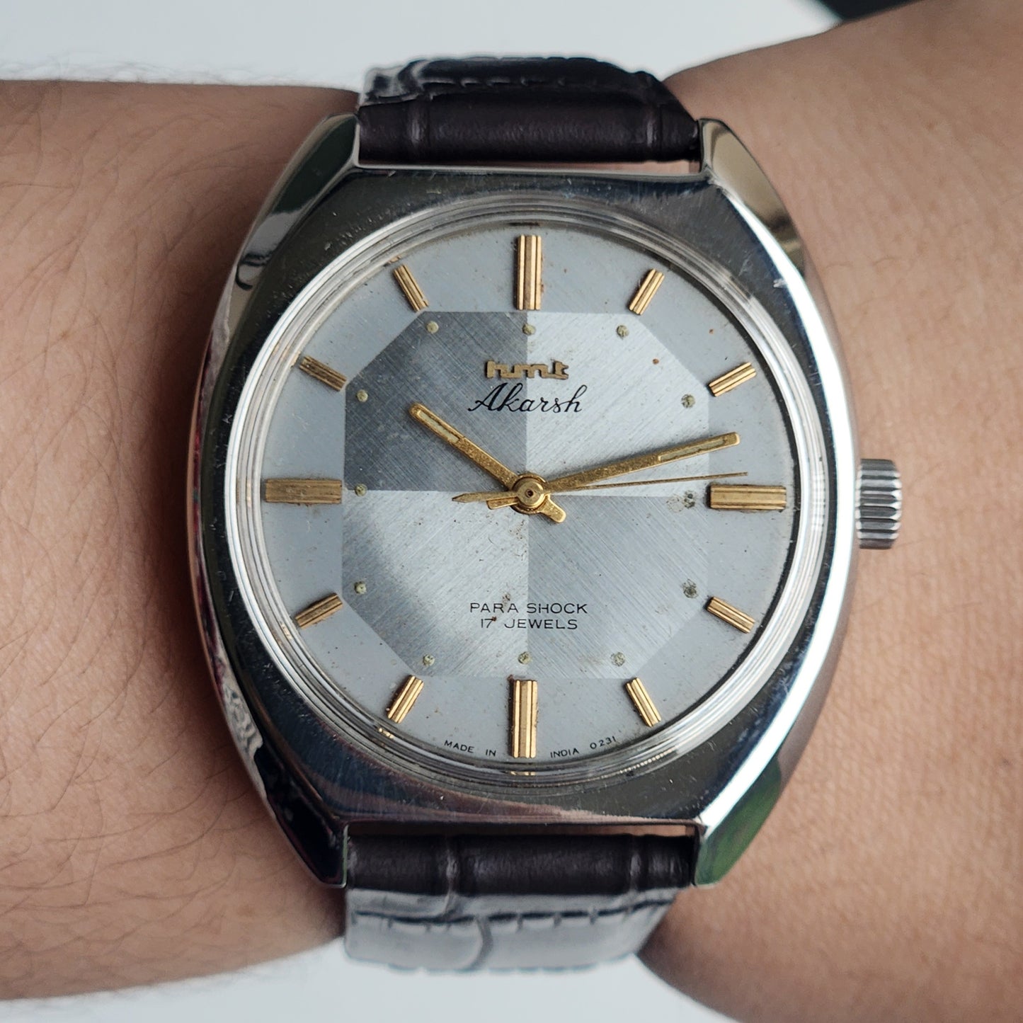 Vintage Original HMT Akarsh Hand Winding 17 Jewels Grey Face Black Leather Strap Men's Wrist Watch I28