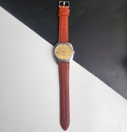 Vintage Original HMT Vijay Hand Winding 17 Jewels Golden Face Tan Leather Strap Men's Wrist Watch I29