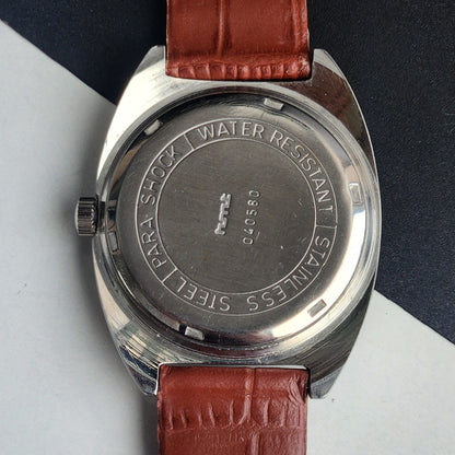 Vintage Original HMT Vijay Hand Winding 17 Jewels Golden Face Tan Leather Strap Men's Wrist Watch I29
