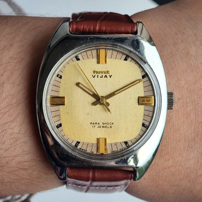 Vintage Original HMT Vijay Hand Winding 17 Jewels Golden Face Tan Leather Strap Men's Wrist Watch I29