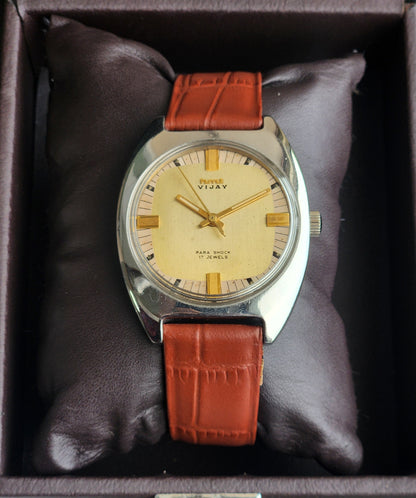 Vintage Original HMT Vijay Hand Winding 17 Jewels Golden Face Tan Leather Strap Men's Wrist Watch I29