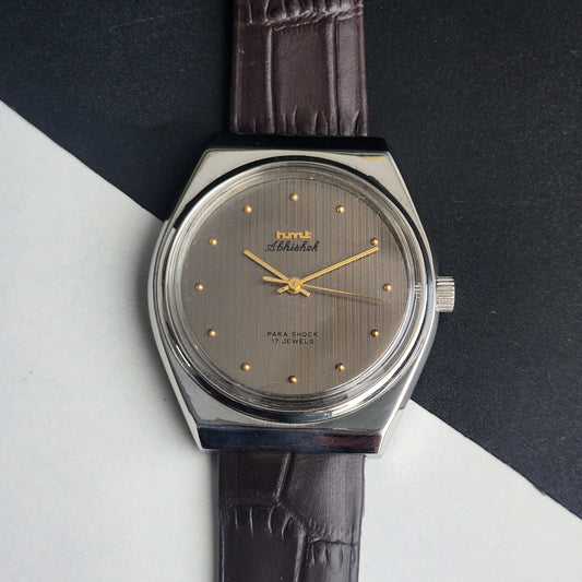 Vintage Original HMT Abhishek Hand Winding 17 Jewels Grey Face Brown Leather Strap Men's Wrist Watch I30