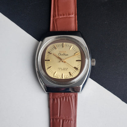 Vintage Original HMT Chethan Hand Winding 17 Jewels Golden Face Tan Leather Strap Men's Wrist Watch I31