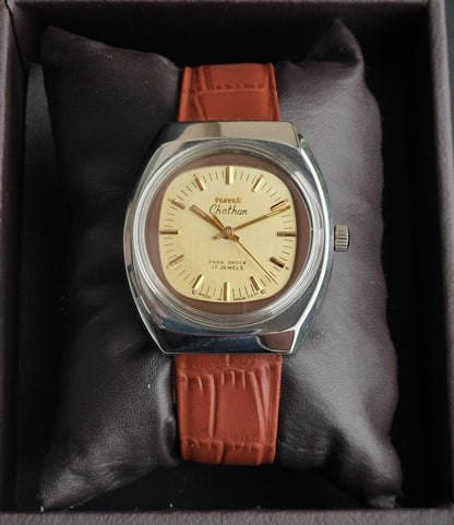 Vintage Original HMT Chethan Hand Winding 17 Jewels Golden Face Tan Leather Strap Men's Wrist Watch I31