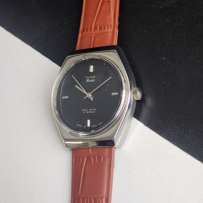Vintage Original HMT Rohit Hand Winding 17 Jewels Black Face Tan Leather Strap Men's Wrist Watch I33