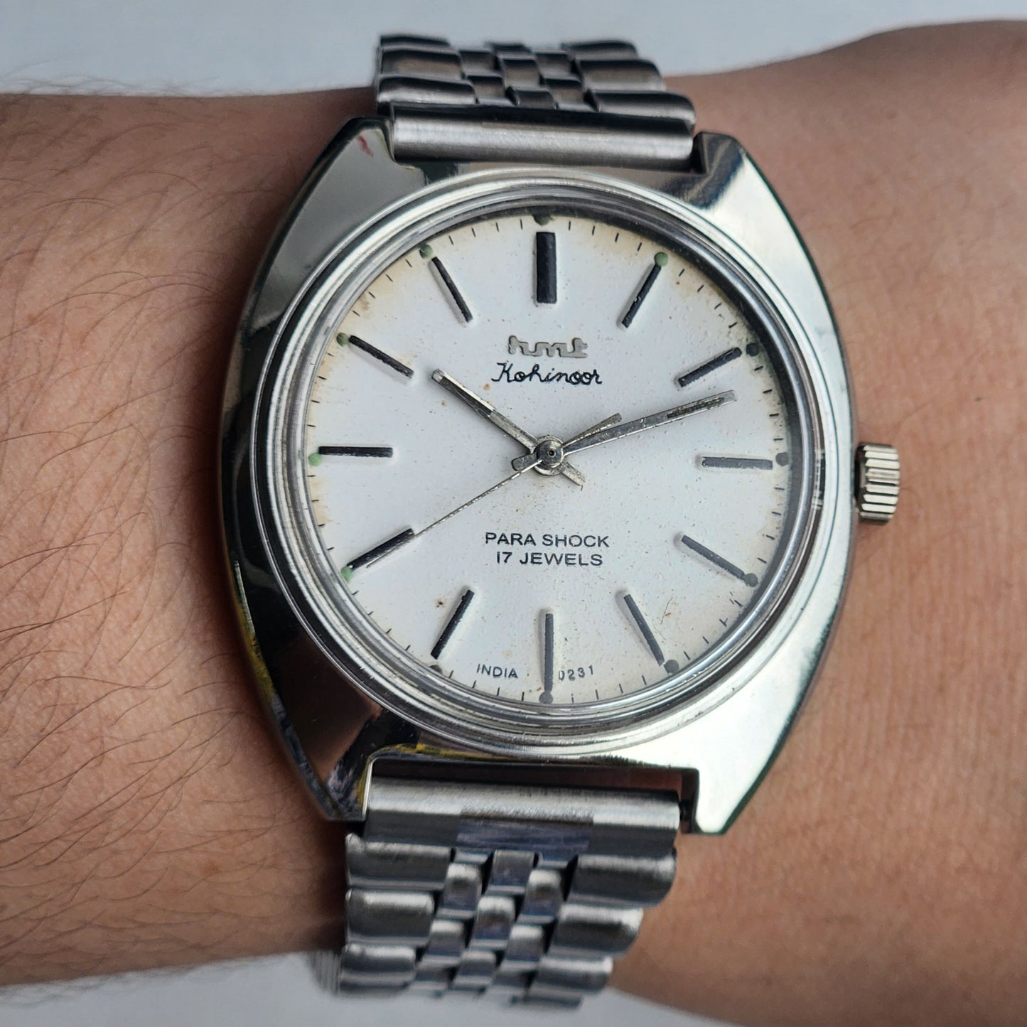 Vintage Original HMT Kohinoor Hand Winding 17 Jewels White Face Jubilee Bracelet Date Men's Wrist Watch I44