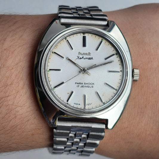Vintage Original HMT Kohinoor Hand Winding 17 Jewels White Face Jubilee Bracelet Date Men's Wrist Watch I44