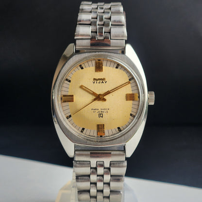 Vintage Original HMT Vijay Hand Winding 17 Jewels Golden Face Jubilee Bracelet Date Men's Wrist Watch I47