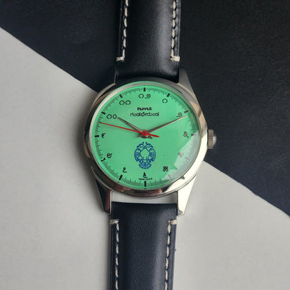 Vintage MOD HMT Gandaberunda Hand Winding 17 Jewels Tiffany Blue Face Black Band Men's Wrist Watch B41