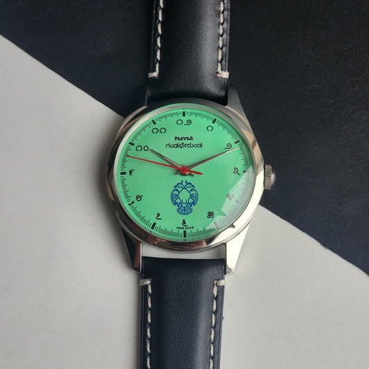Vintage MOD HMT Gandaberunda Hand Winding 17 Jewels Tiffany Blue Face Black Band Men's Wrist Watch B41