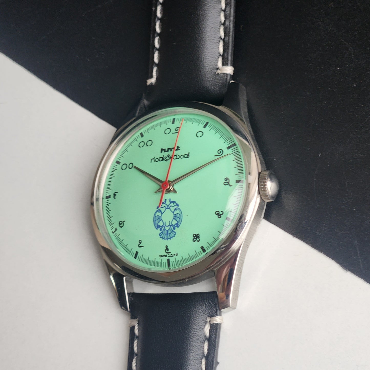 Vintage MOD HMT Gandaberunda Hand Winding 17 Jewels Tiffany Blue Face Black Band Men's Wrist Watch B41