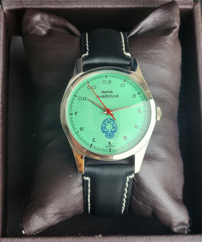 Vintage MOD HMT Gandaberunda Hand Winding 17 Jewels Tiffany Blue Face Black Band Men's Wrist Watch B41
