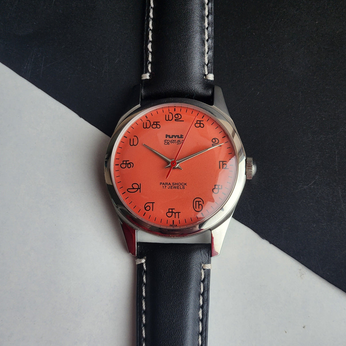Vintage MOD HMT Janata Tamil Hand Winding 17 Jewels Peach Face 35mm Silver Case With Black Leather Strap Men's Wrist Watch I83
