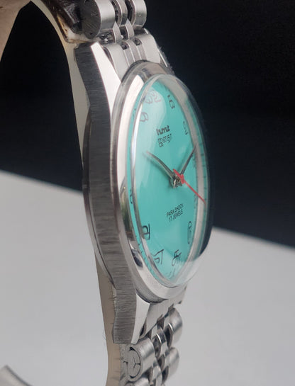Vintage MOD HMT Janata Tamil Hand Winding 17 Jewels Sea Green 35mm Silver Case With Bracelet Men's Wrist Watch I85