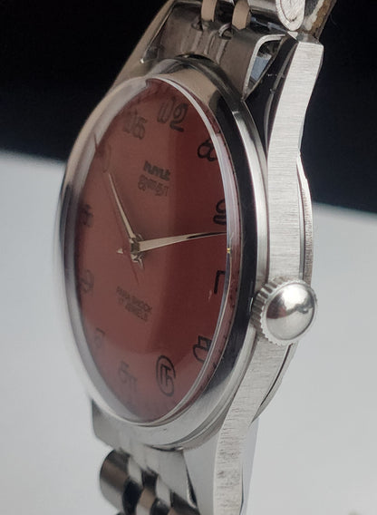 Vintage MOD HMT Janata Tamil Hand Winding 17 Jewels Peach Face 35mm Silver Case With Bracelet Men's Wrist Watch I84
