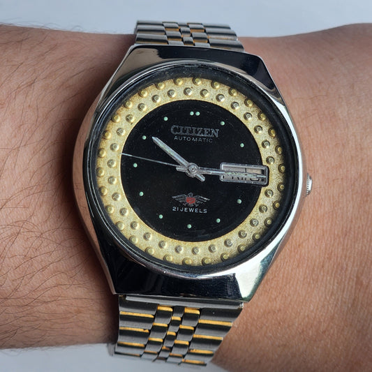 Vintage Original Citizen Automatic 8200 Black Face 21 Jewels With Exhibition Back Day-Date Japanese Men's Wrist Watch IN31