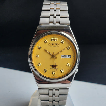 Vintage Original Citizen Automatic 8200 Golden Face 21 Jewels With Exhibition Back Day-Date Japanese Men's Wrist Watch IN34