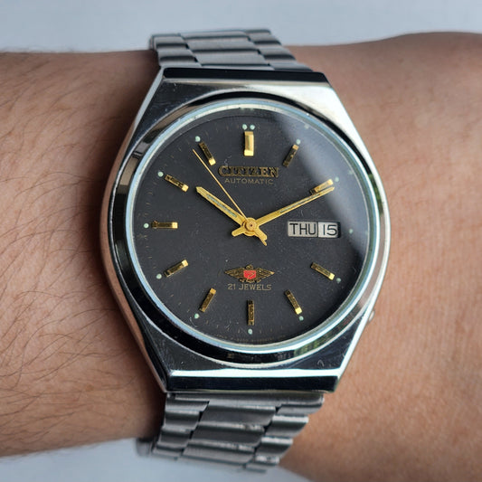 Vintage Original Citizen Automatic 8200 Black Face 21 Jewels With Exhibition Back Day-Date Japanese Men's Wrist Watch IN36