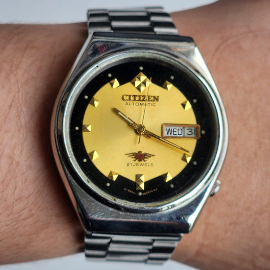 Vintage Original Citizen Automatic 8200 Golden Face 21 Jewels With Exhibition Back Day-Date Japanese Men's Wrist Watch IN40