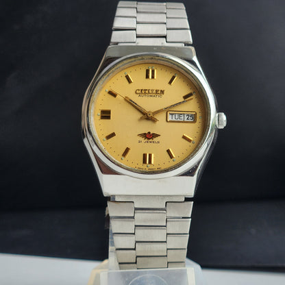 Vintage Original Citizen Automatic 8200 Golden Face 21 Jewels With Exhibition Back Day-Date Japanese Men's Wrist Watch IN42