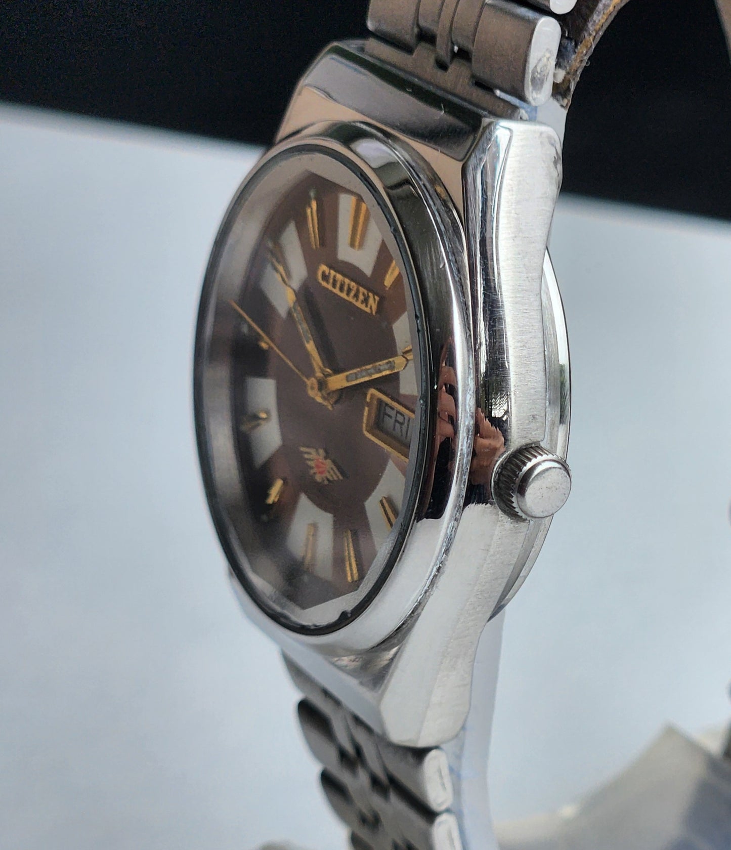 Vintage Original Citizen Automatic 8200 Brown Face 21 Jewels With Exhibition Back Day-Date Japanese Men's Wrist Watch IN43