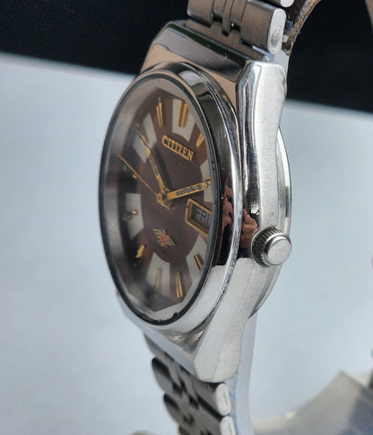 Vintage Original Citizen Automatic 8200 Brown Face 21 Jewels With Exhibition Back Day-Date Japanese Men's Wrist Watch IN43