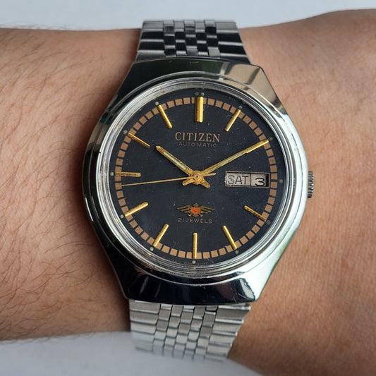 Vintage Original Citizen Automatic 8200 Black Face 21 Jewels With Exhibition Back Day-Date Japanese Men's Wrist Watch IN44