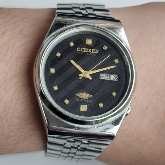 Vintage Original Citizen Automatic 8200 Black Face 21 Jewels With Exhibition Back Day-Date Japanese Men's Wrist Watch IN48