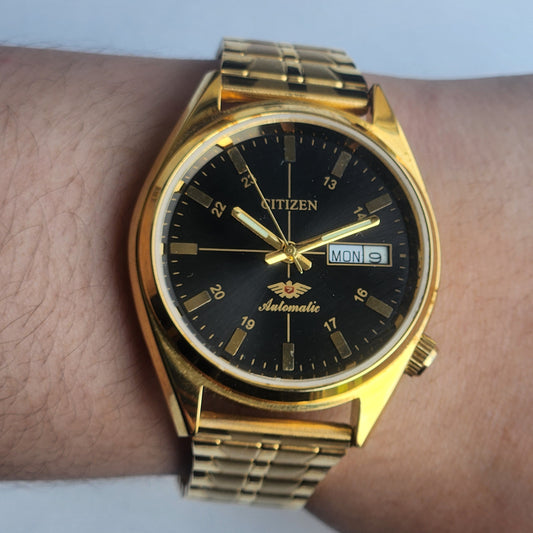 Vintage MOD Citizen Black Face Automatic 21 Jewels Cal. 8200 37MM Gold Plated Men's Wrist Watch I88