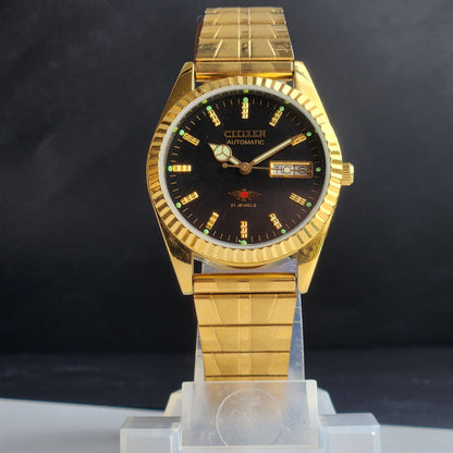 Vintage MOD Citizen Black Face Automatic 21 Jewels Cal. 8200 35MM Fix Bezel Gold Plated Men's Wrist Watch I89