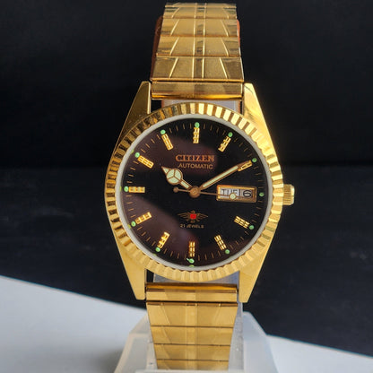 Vintage MOD Citizen Black Face Automatic 21 Jewels Cal. 8200 35MM Fix Bezel Gold Plated Men's Wrist Watch I89