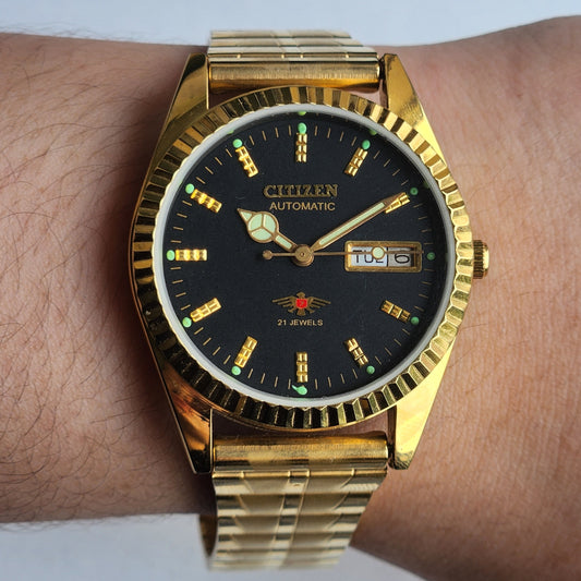 Vintage MOD Citizen Black Face Automatic 21 Jewels Cal. 8200 35MM Fix Bezel Gold Plated Men's Wrist Watch I89