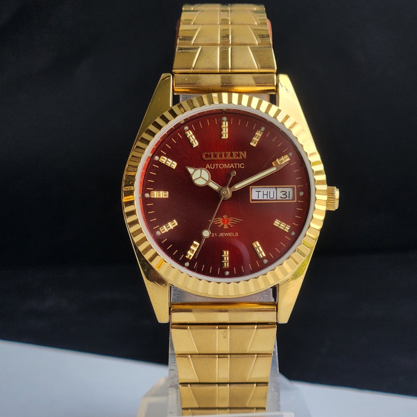 Vintage MOD Citizen Red Face Automatic 21 Jewels Cal. 8200 35mm Fix Bezel Gold Plated Men's Wrist Watch I87