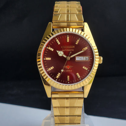 Vintage MOD Citizen Red Face Automatic 21 Jewels Cal. 8200 35mm Fix Bezel Gold Plated Men's Wrist Watch I87