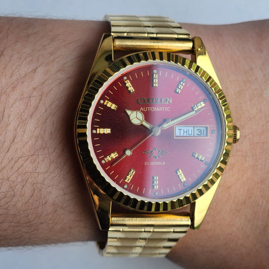 Vintage MOD Citizen Red Face Automatic 21 Jewels Cal. 8200 35mm Fix Bezel Gold Plated Men's Wrist Watch I87