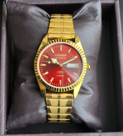 Vintage MOD Citizen Red Face Automatic 21 Jewels Cal. 8200 35mm Fix Bezel Gold Plated Men's Wrist Watch I87