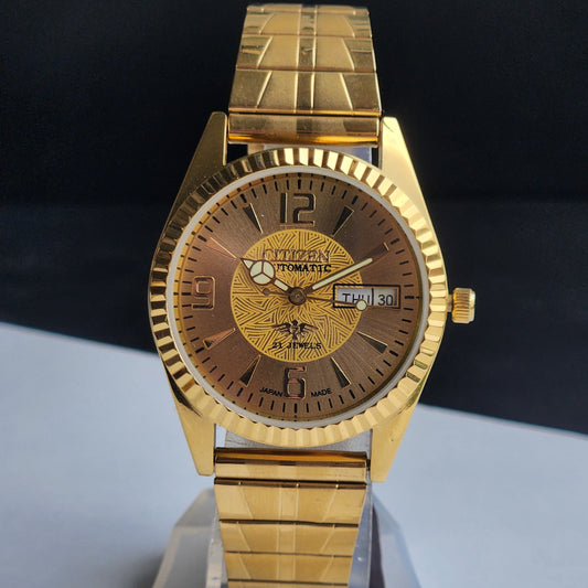 Vintage MOD Citizen Golden Face Automatic 21 Jewels Cal. 8200 35MM Fix Bezel Gold Plated Men's Wrist Watch I90