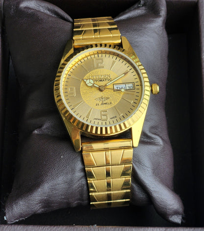 Vintage MOD Citizen Golden Face Automatic 21 Jewels Cal. 8200 35MM Fix Bezel Gold Plated Men's Wrist Watch I90