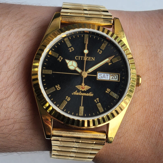 Vintage MOD Citizen Black Face Automatic 21 Jewels Cal. 8200 35mm Fix Bezel Gold Plated Men's Wrist Watch I86