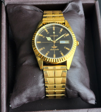 Vintage MOD Citizen Black Face Automatic 21 Jewels Cal. 8200 35mm Fix Bezel Gold Plated Men's Wrist Watch I86