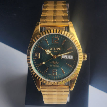 Vintage MOD Citizen Green Face Automatic 21 Jewels Cal. 8200 35MM Fix Bezel Gold Plated Men's Wrist Watch I91