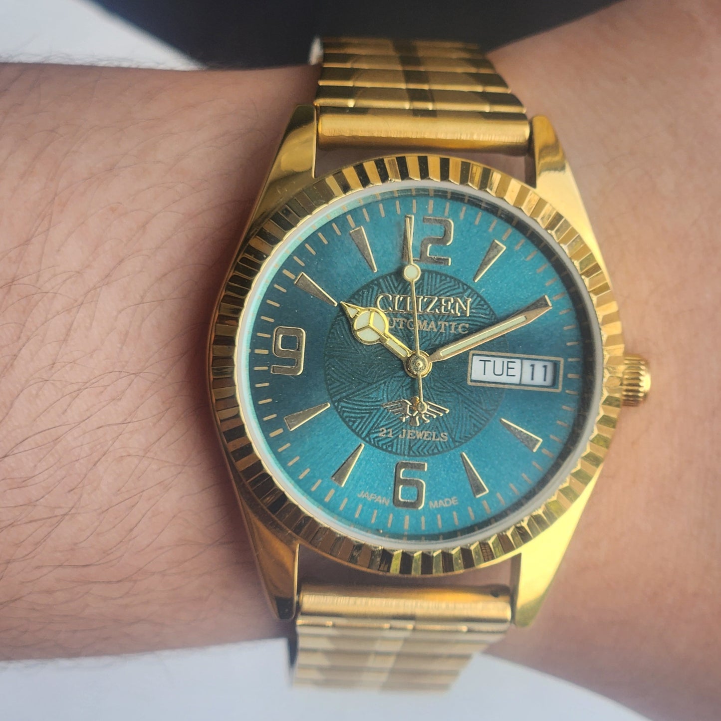Vintage MOD Citizen Green Face Automatic 21 Jewels Cal. 8200 35MM Fix Bezel Gold Plated Men's Wrist Watch I91