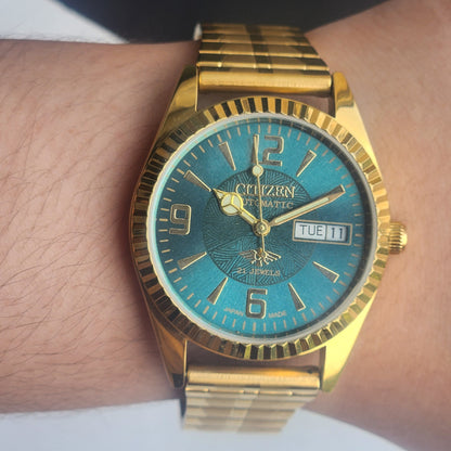Vintage MOD Citizen Green Face Automatic 21 Jewels Cal. 8200 35MM Fix Bezel Gold Plated Men's Wrist Watch I91