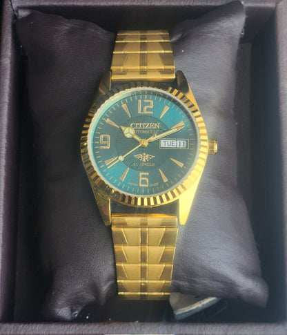 Vintage MOD Citizen Green Face Automatic 21 Jewels Cal. 8200 35MM Fix Bezel Gold Plated Men's Wrist Watch I91