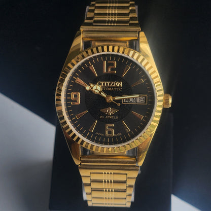 Vintage MOD Citizen Black Face Automatic 21 Jewels Cal. 8200 35MM Fix Bezel Gold Plated Men's Wrist Watch I92