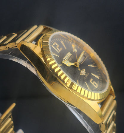 Vintage MOD Citizen Black Face Automatic 21 Jewels Cal. 8200 35MM Fix Bezel Gold Plated Men's Wrist Watch I92
